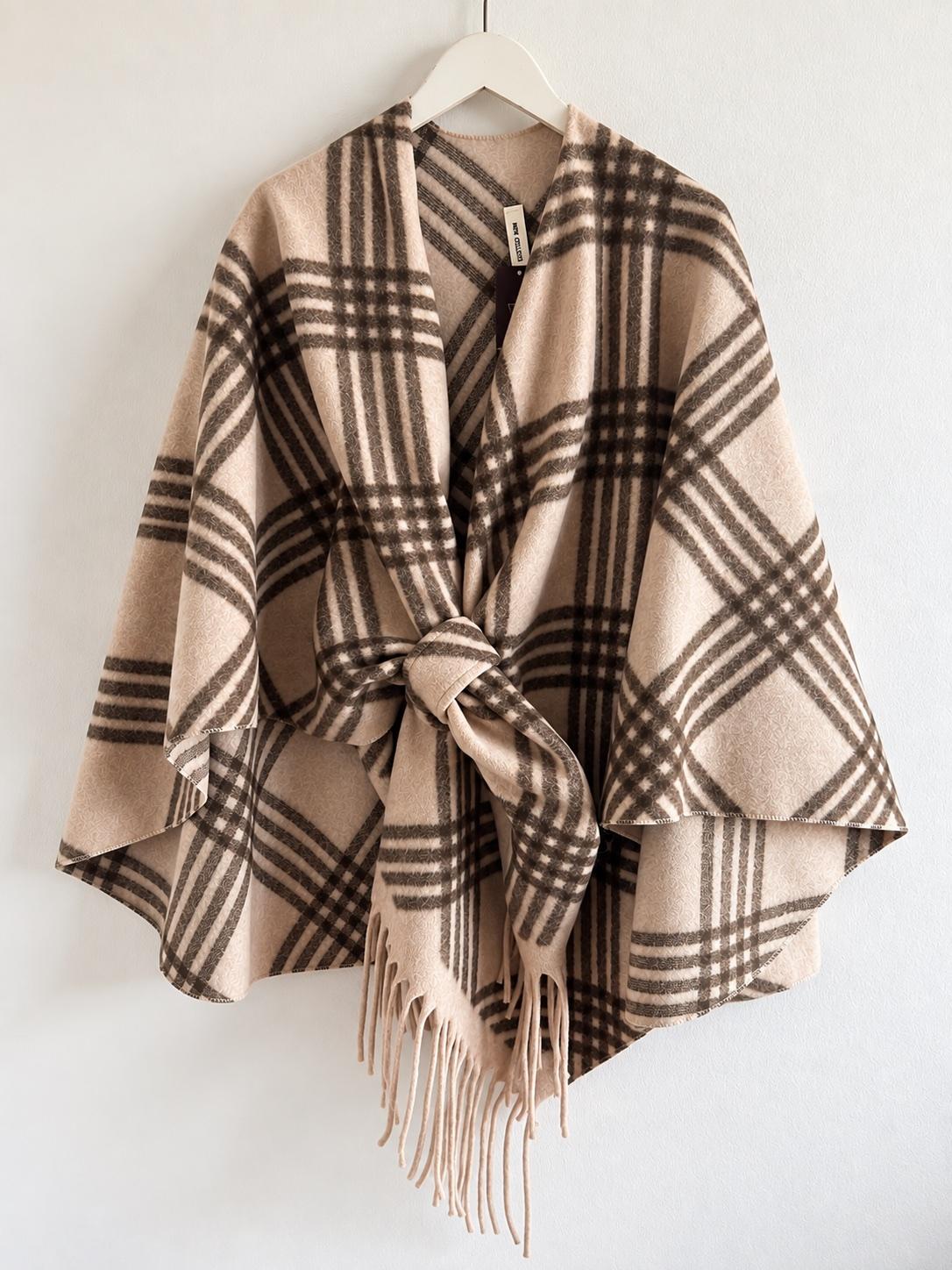 Karierter Poncho – Beige/Braun