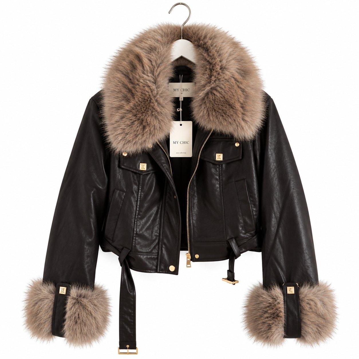 Taillierte Kunstlederjacke mit Kunstfell – Produktansicht 1