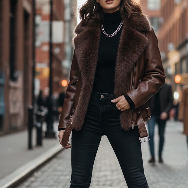 Diese stylische Jacke aus hochwertigem PU-Leder überzeugt mit ihrem besonders flauschigen Innenfell, das wohlig warm hält und einen luxuriösen Look verleiht. Der etwas längere Schnitt sorgt für eine moderne, lässige Silhouette, während markante Details wie Reißverschlüsse und ein verstellbarer Gürtel den coolen Biker-Style perfekt abrunden. Eine perfekte Kombination aus Komfort, Wärme und trendigem Design – ideal für kalte Tage. Dieses Bild wurde mithilfe künstlicher Intelligenz erstellt (Pixelcut).
#brauneJacke #Bikerjacke #VeganLeder #PULeder #FauxLeather #VeganFashion #HerbstStyle #WinterOutfit #FashionInspo #Streetstyle #Trendjacke #Kunstlederjacke #Flauschjacke #WarmUndStylish #ModeLiebe #OOTD #StyleGuide #CasualLook #Jackenliebe #CozyStyle #BrownJacket #FauxFurJacket #ChicAndWarm #FashionDaily